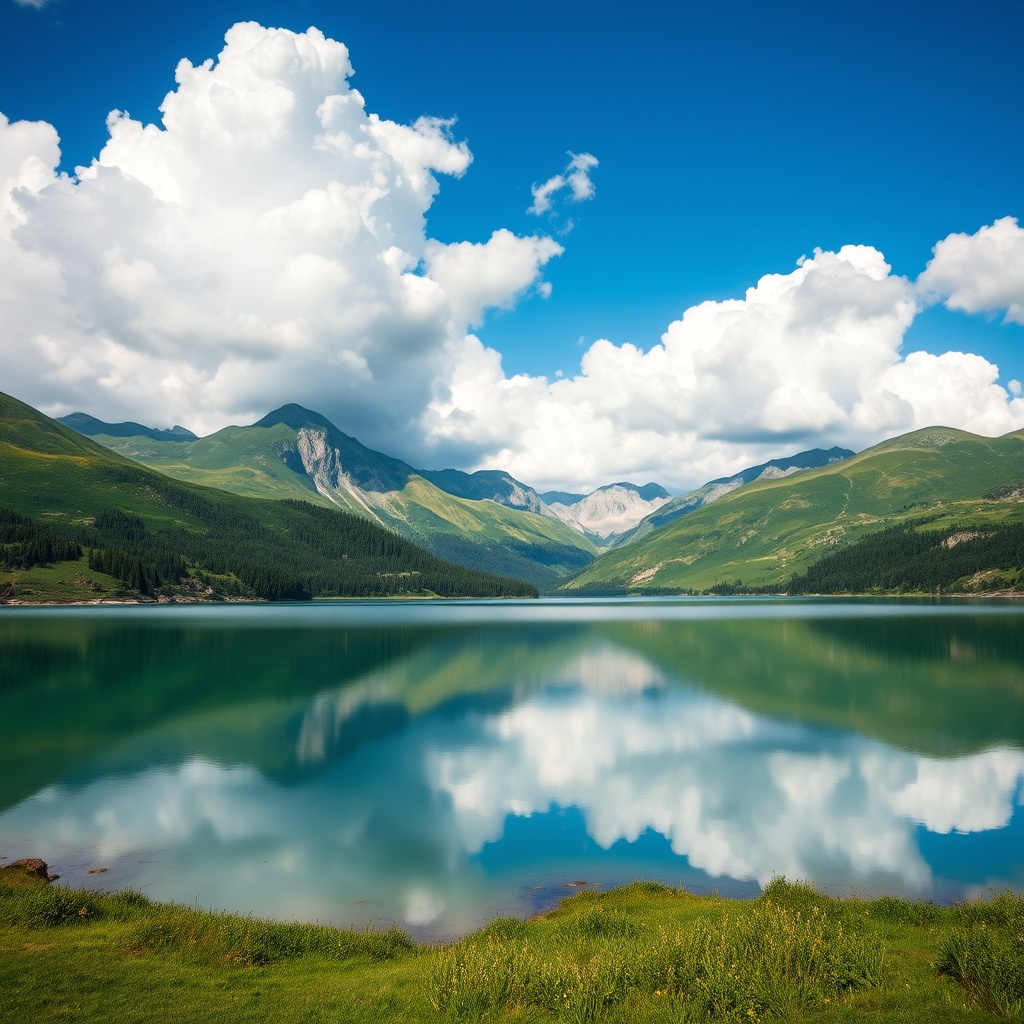 Serene mountain lake landscape with dramatic clouds